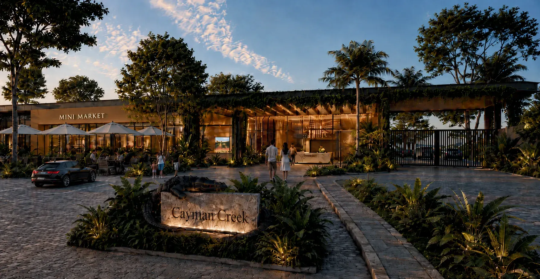 Rendu du hall, du poste de garde et de la supérette de Cayman Creek